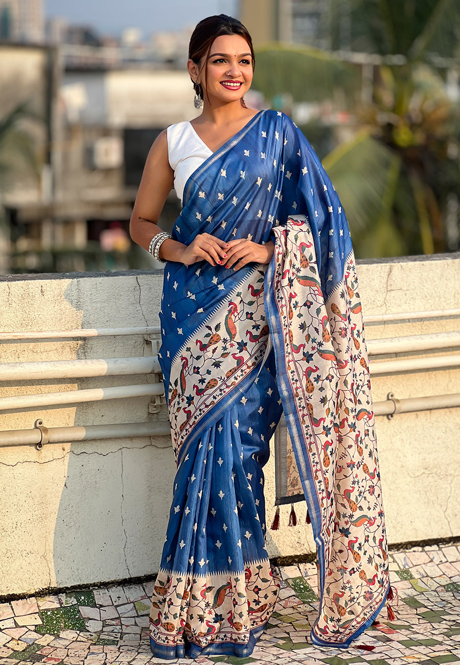 Dark blue katki silk printed kalamkari saree with zari border