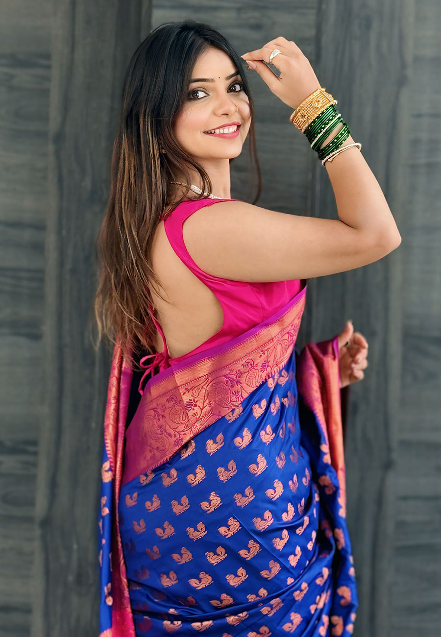 Navy blue soft silk peacock weaves zari woven saree