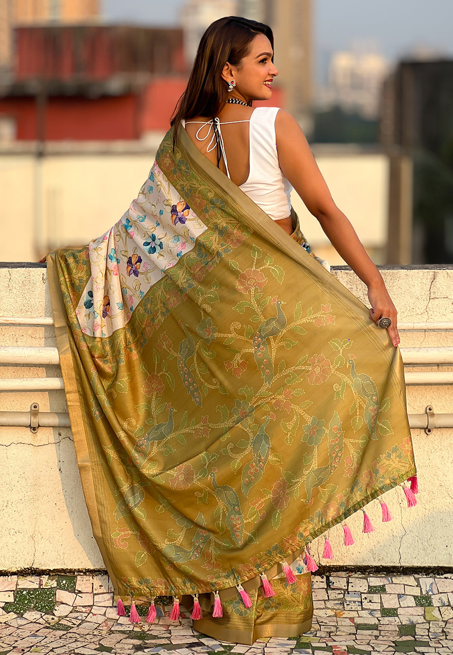 Mehendi green tussar silk kalamkari printed saree with zari woven border
