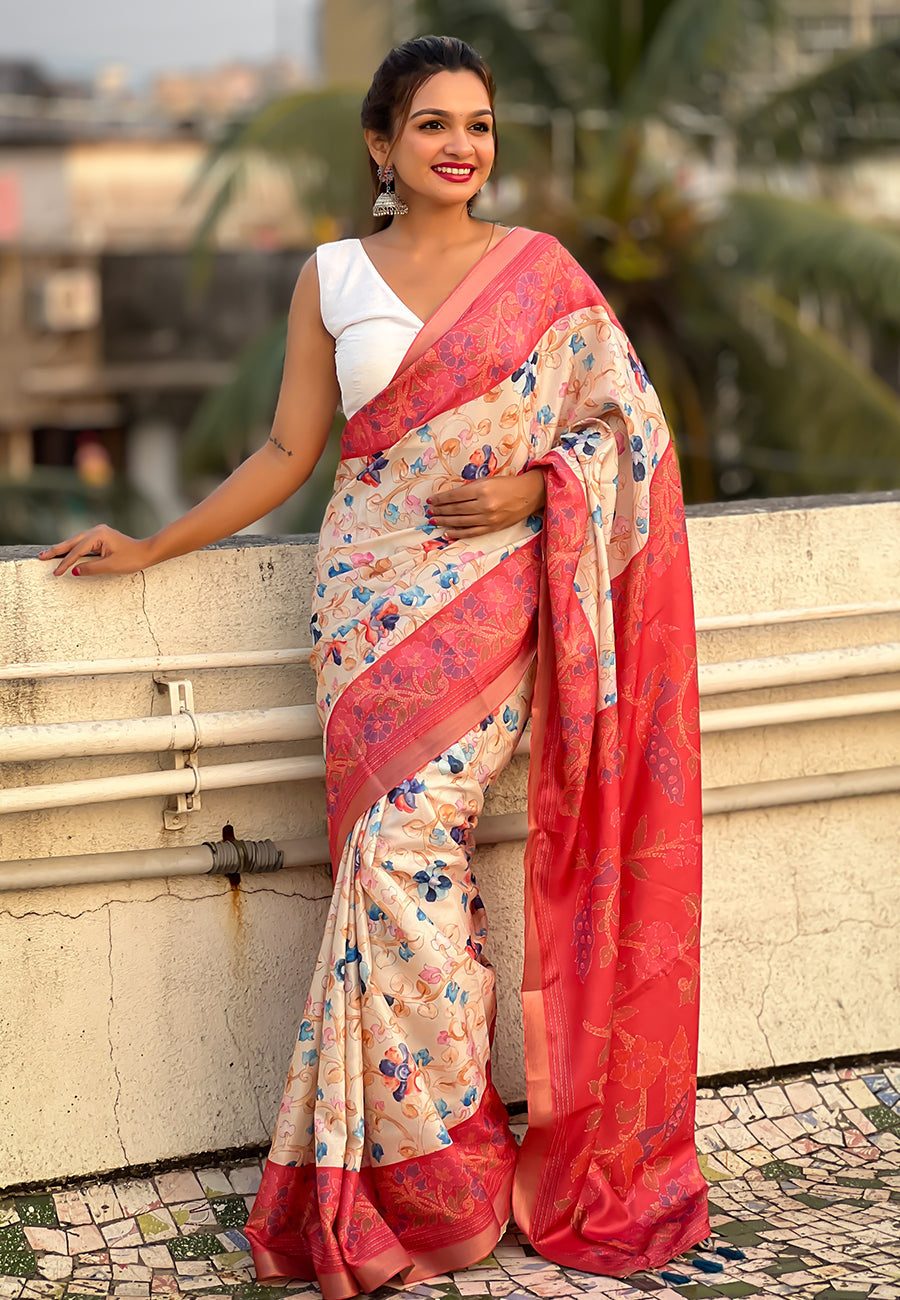 Coral red tussar silk kalamkari printed saree with zari woven border