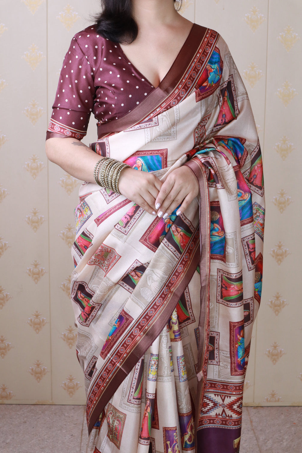 Maroon tussar silk bold kalamkari figure printed saree with zari woven border