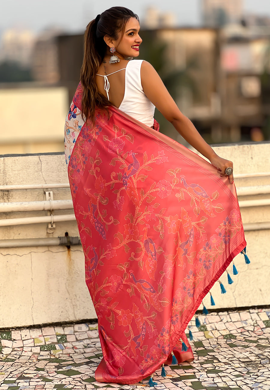 Coral red tussar silk kalamkari printed saree with zari woven border