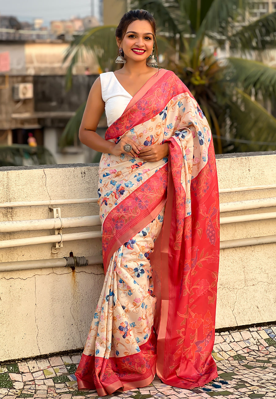 Coral red tussar silk kalamkari printed saree with zari woven border
