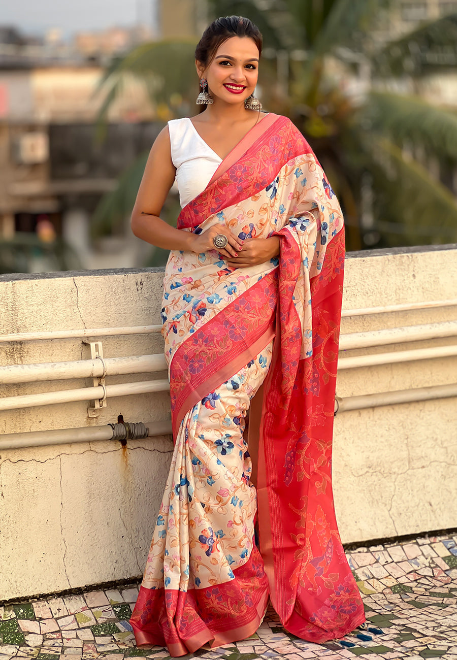 Coral red tussar silk kalamkari printed saree with zari woven border
