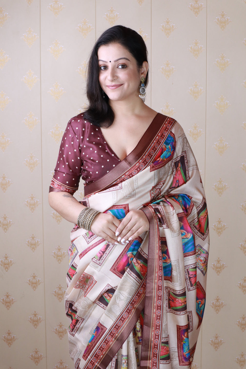 Maroon tussar silk bold kalamkari figure printed saree with zari woven border