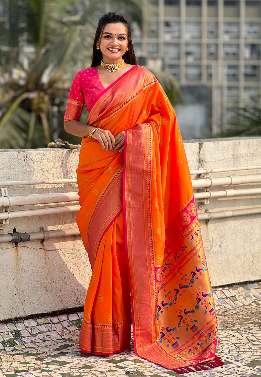 Orange zari woven nath contrast yeola paithani silk saree