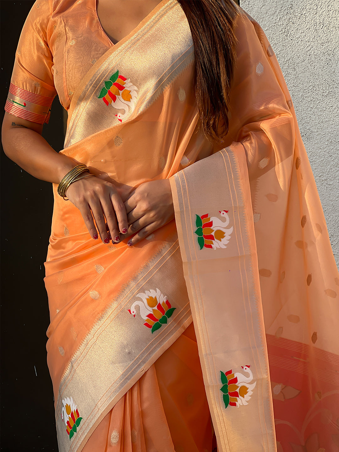 Peach organza swan paithani silk zari woven saree