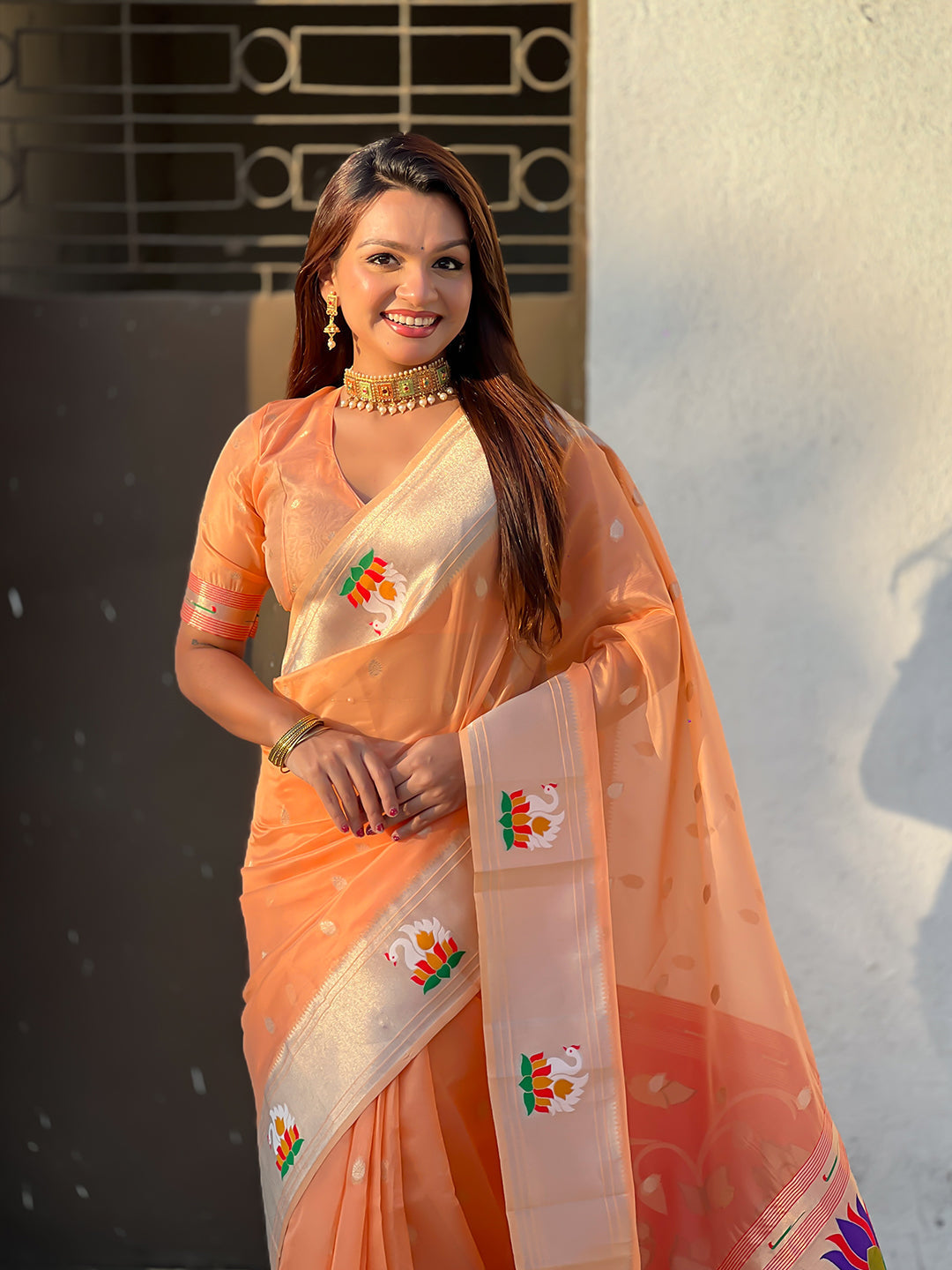 Peach organza swan paithani silk zari woven saree