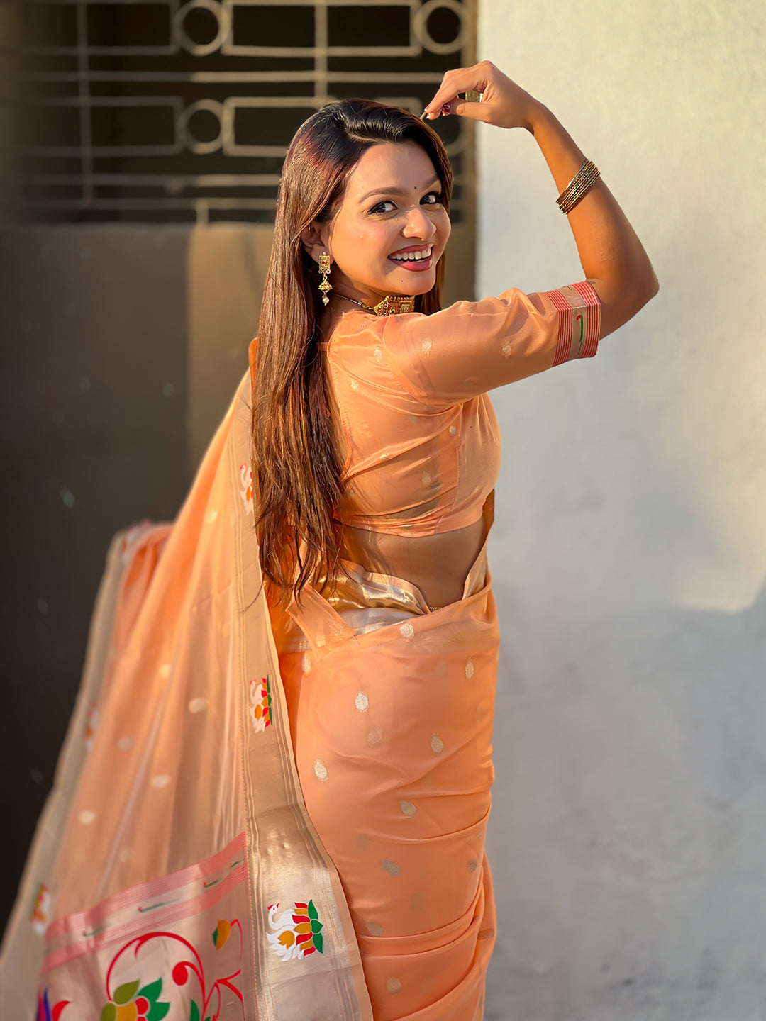 Peach organza swan paithani silk zari woven saree