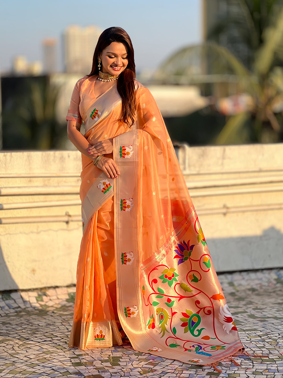 Peach organza swan paithani silk zari woven saree