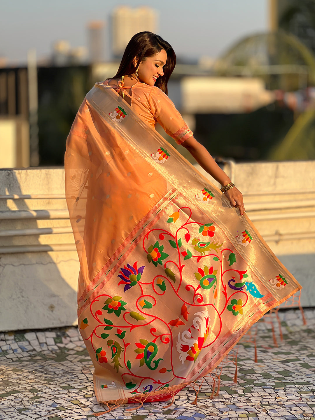 Peach organza swan paithani silk zari woven saree