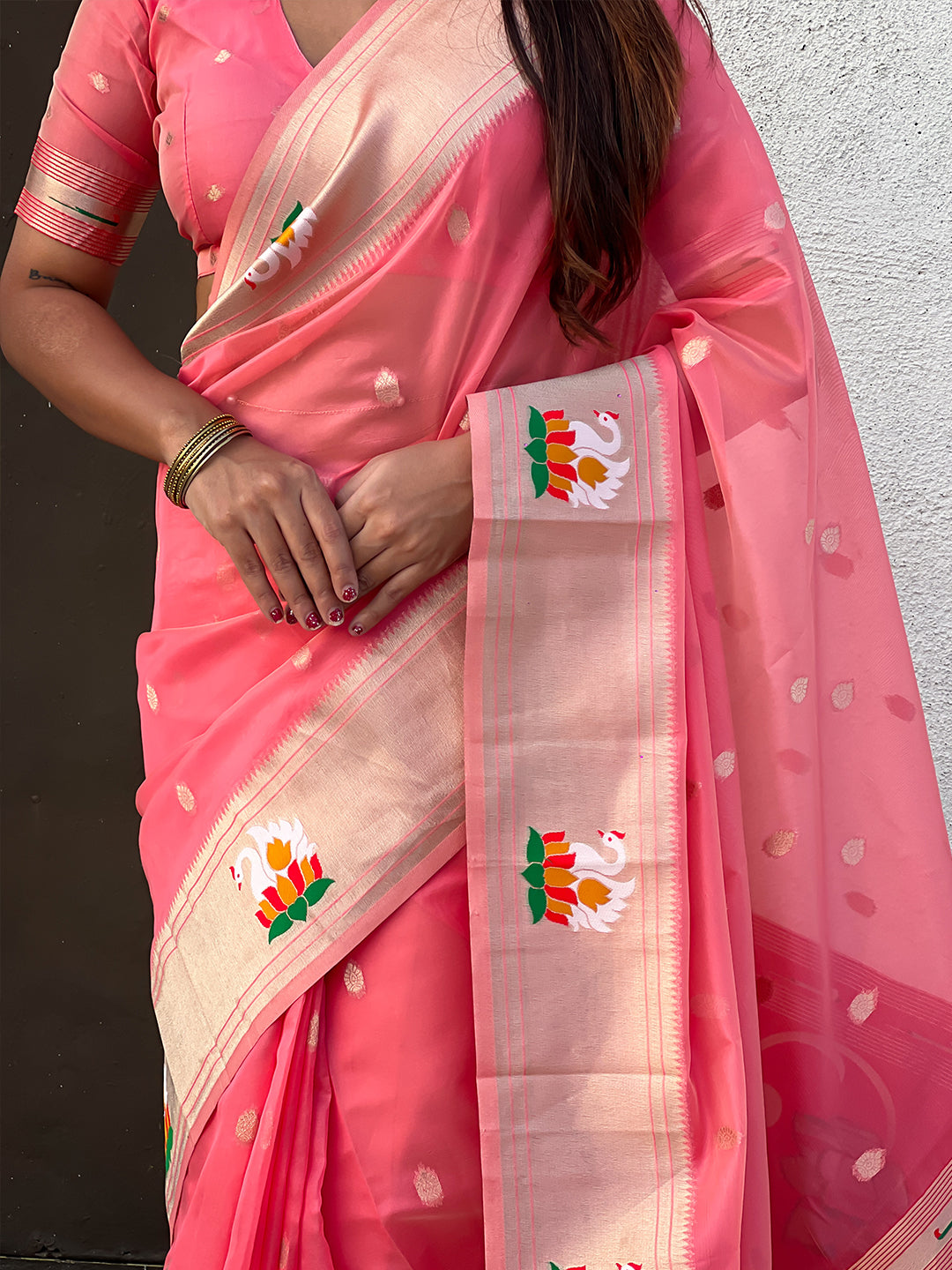 Dark pink organza swan paithani silk zari woven saree