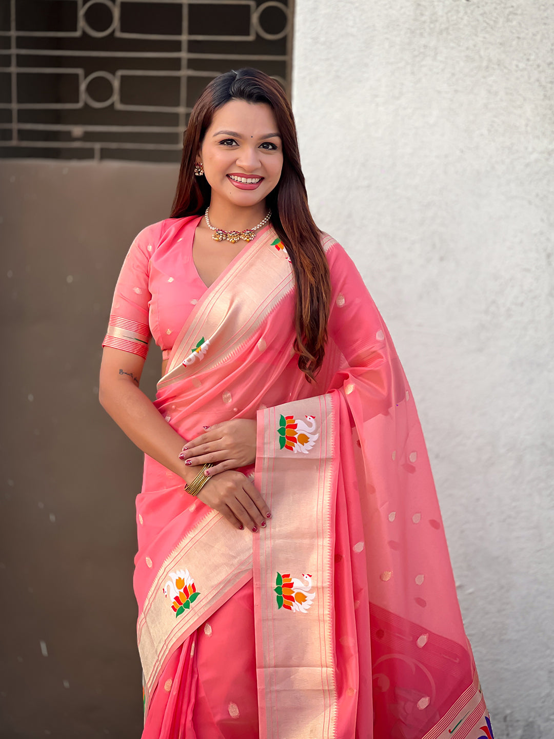 Dark pink organza swan paithani silk zari woven saree