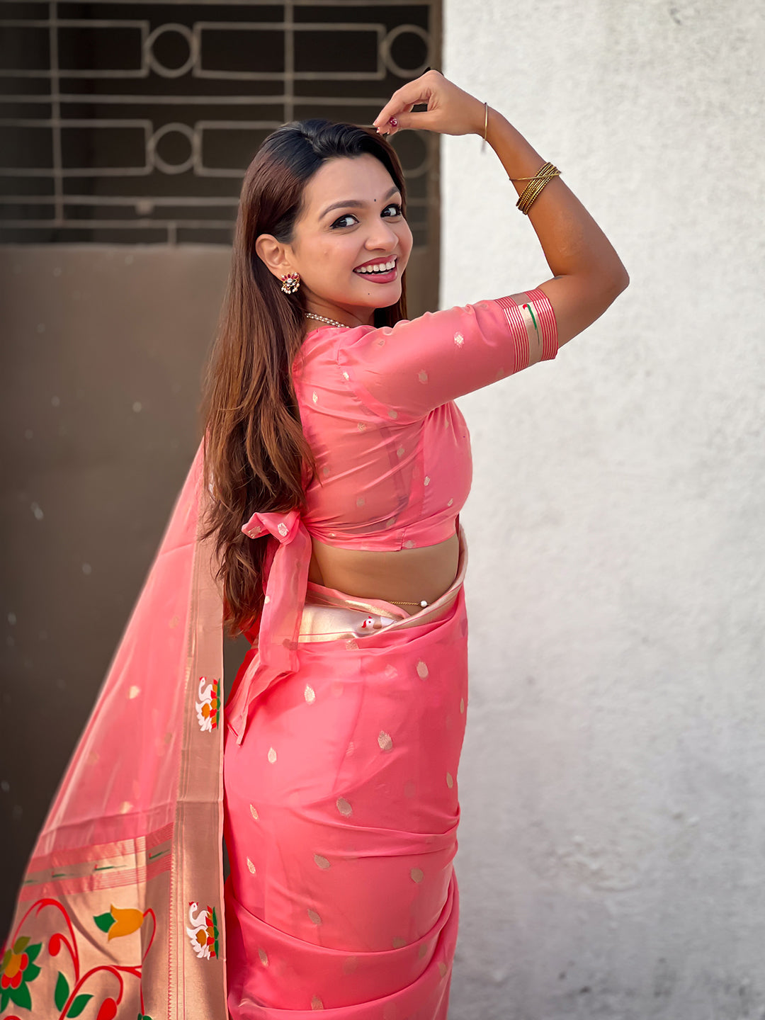 Dark pink organza swan paithani silk zari woven saree