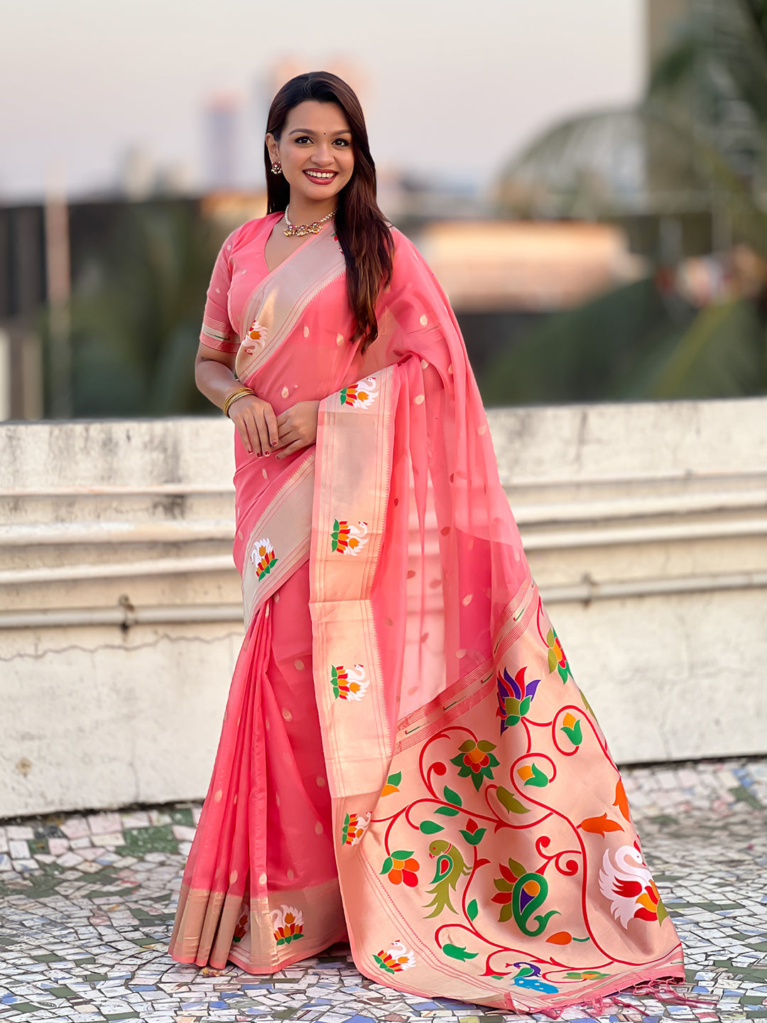 Dark pink organza swan paithani silk zari woven saree