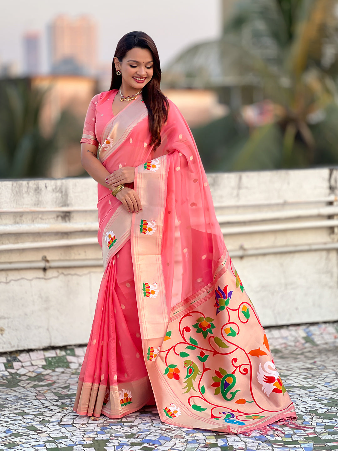 Dark pink organza swan paithani silk zari woven saree
