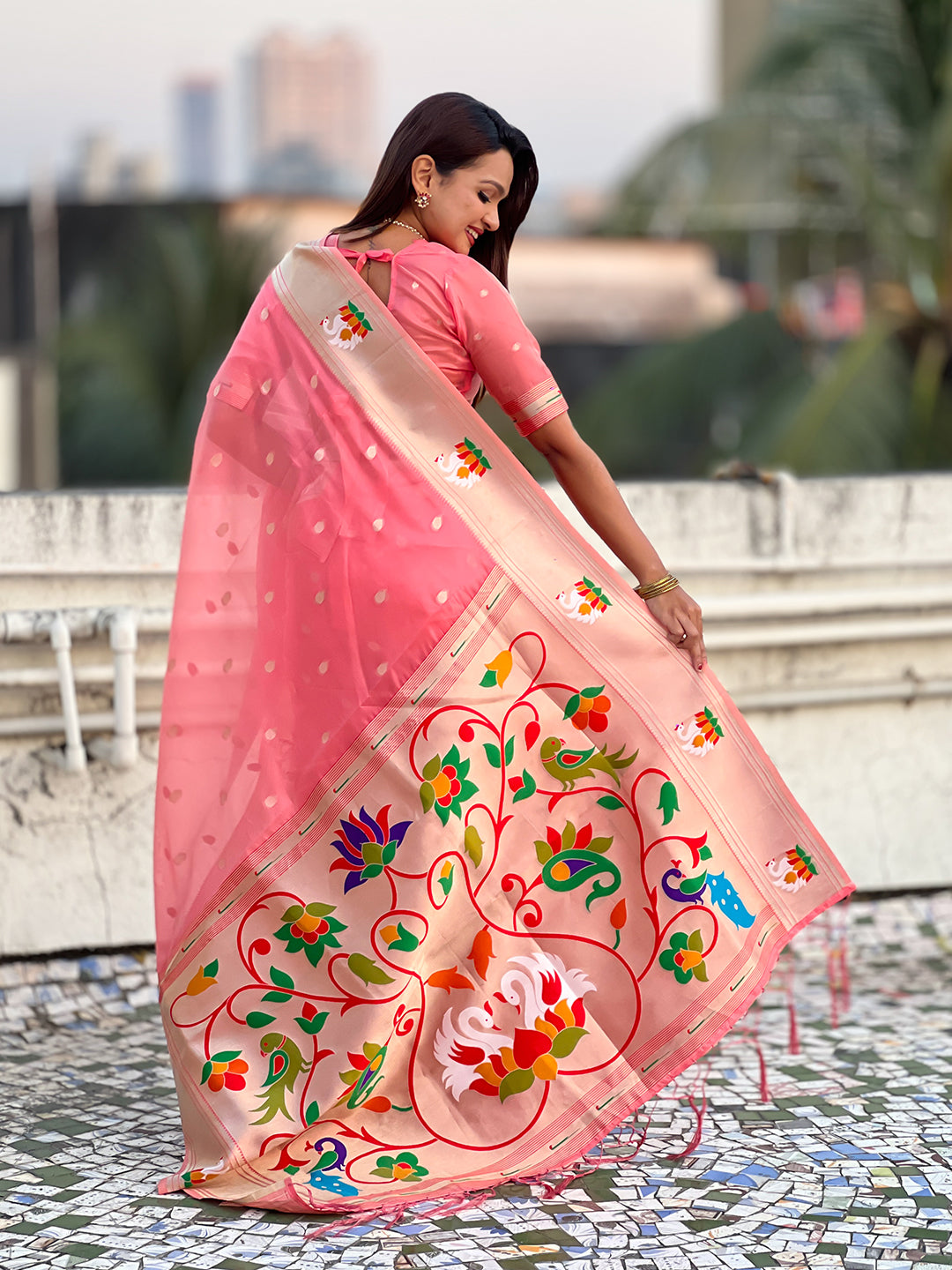 Dark pink organza swan paithani silk zari woven saree