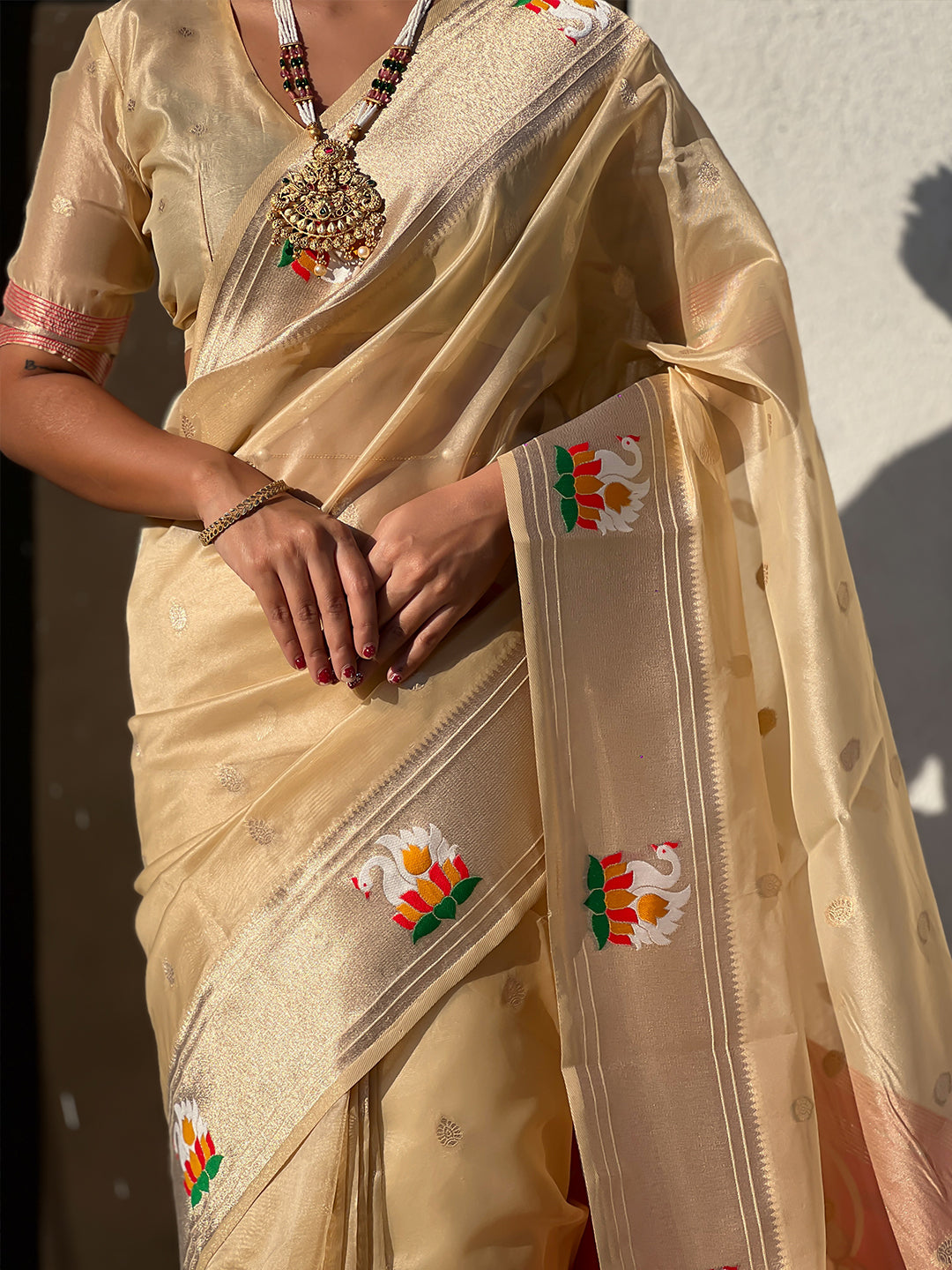 Chickoo organza swan paithani silk zari woven saree