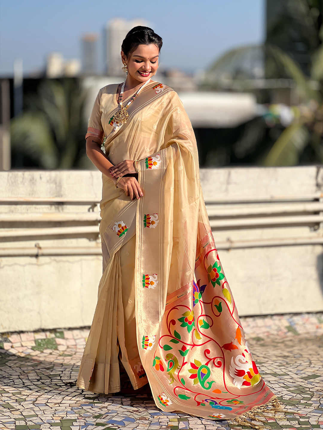 Chickoo organza swan paithani silk zari woven saree