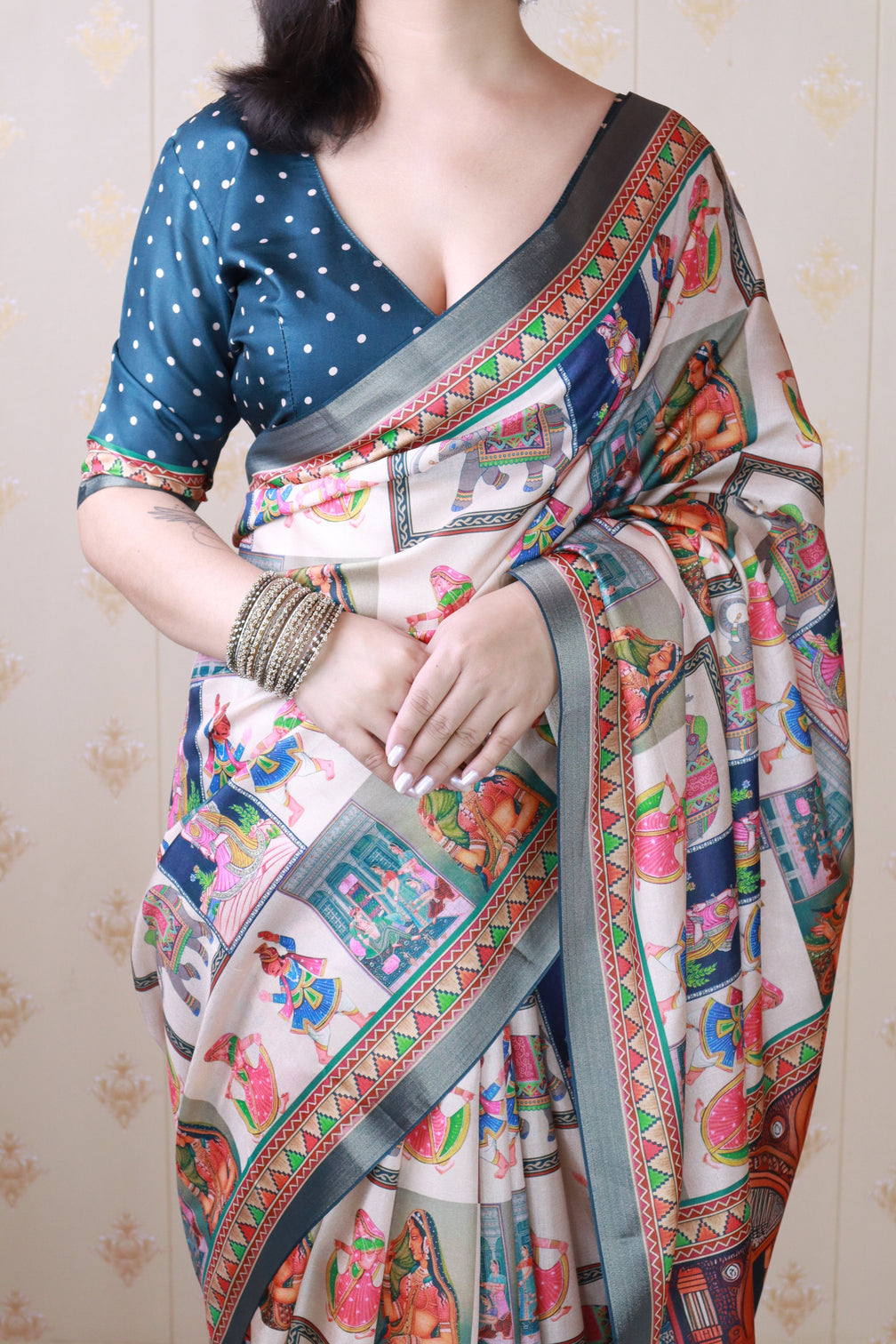 Navy blue tussar silk bold kalamkari figure printed saree with zari woven border