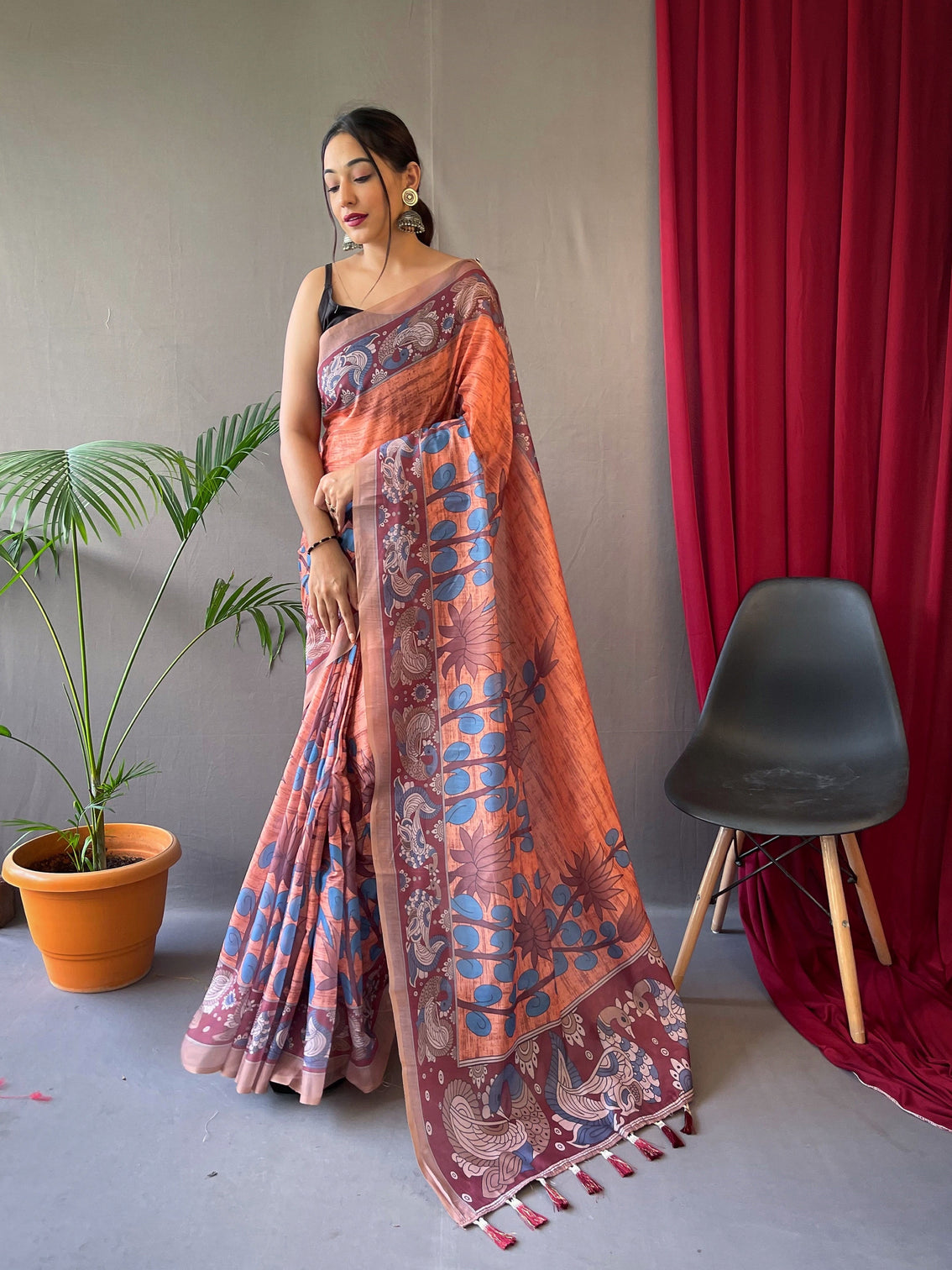 Dark Peach Saree in Cotton Kalamkari Print