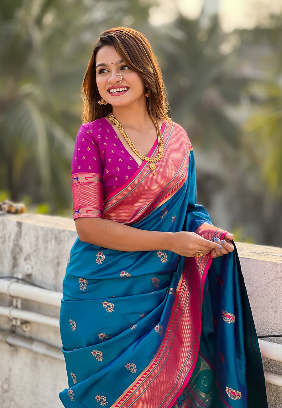 Blue zari woven nath contrast yeola paithani silk saree