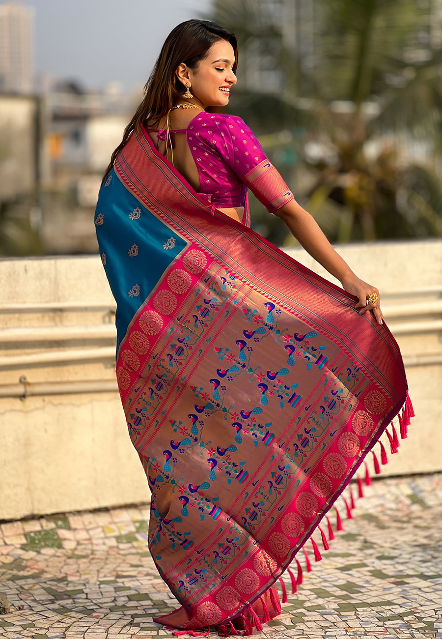 Green zari woven nath contrast yeola paithani silk saree