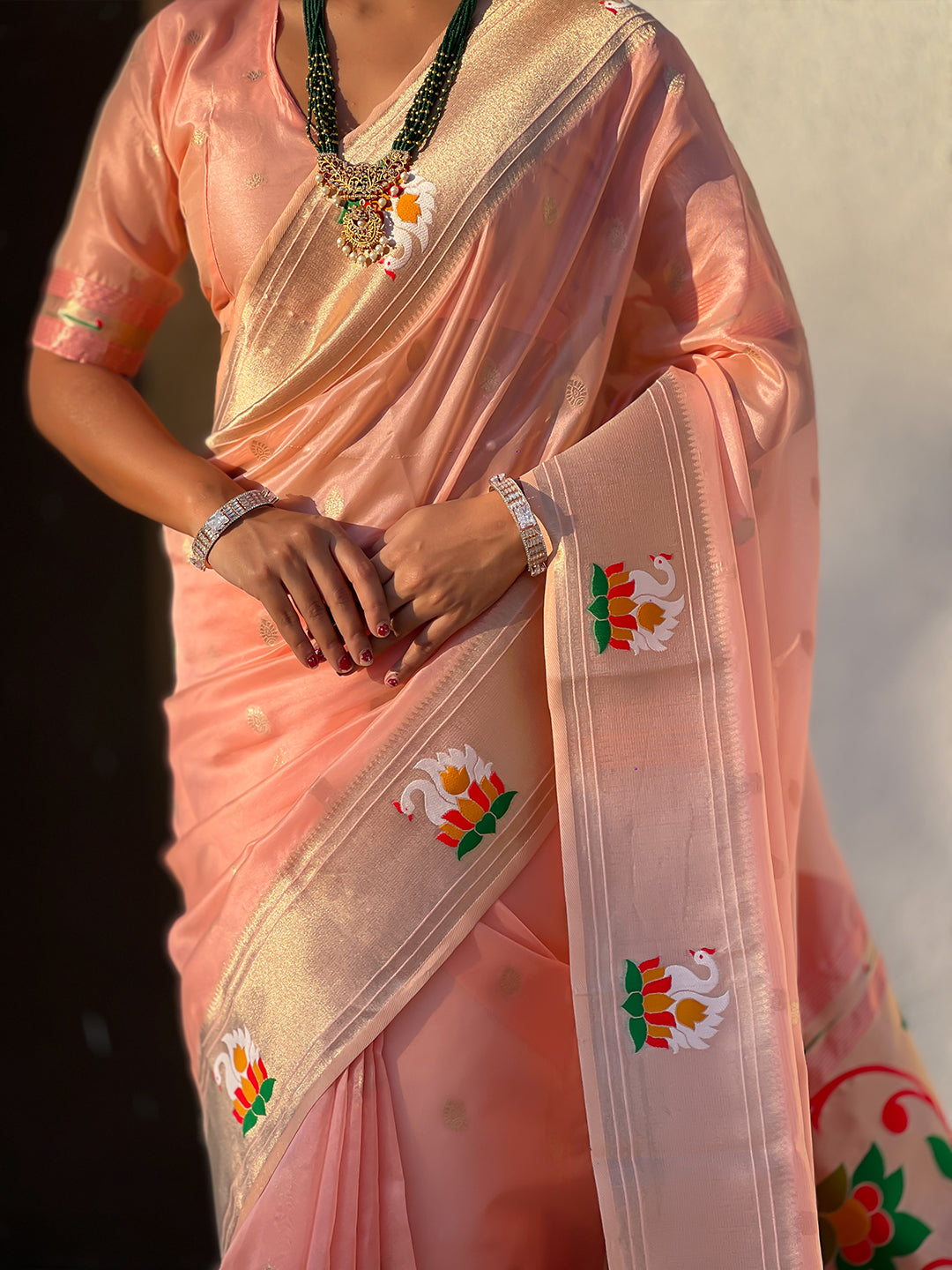 Baby pink organza swan paithani silk zari woven saree