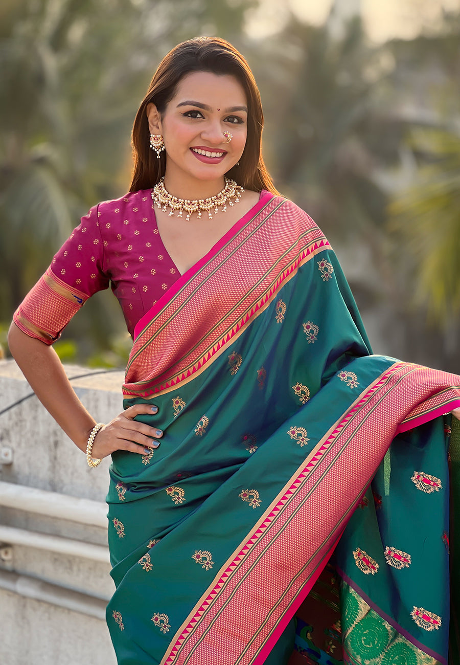 Green zari woven nath contrast yeola paithani silk saree