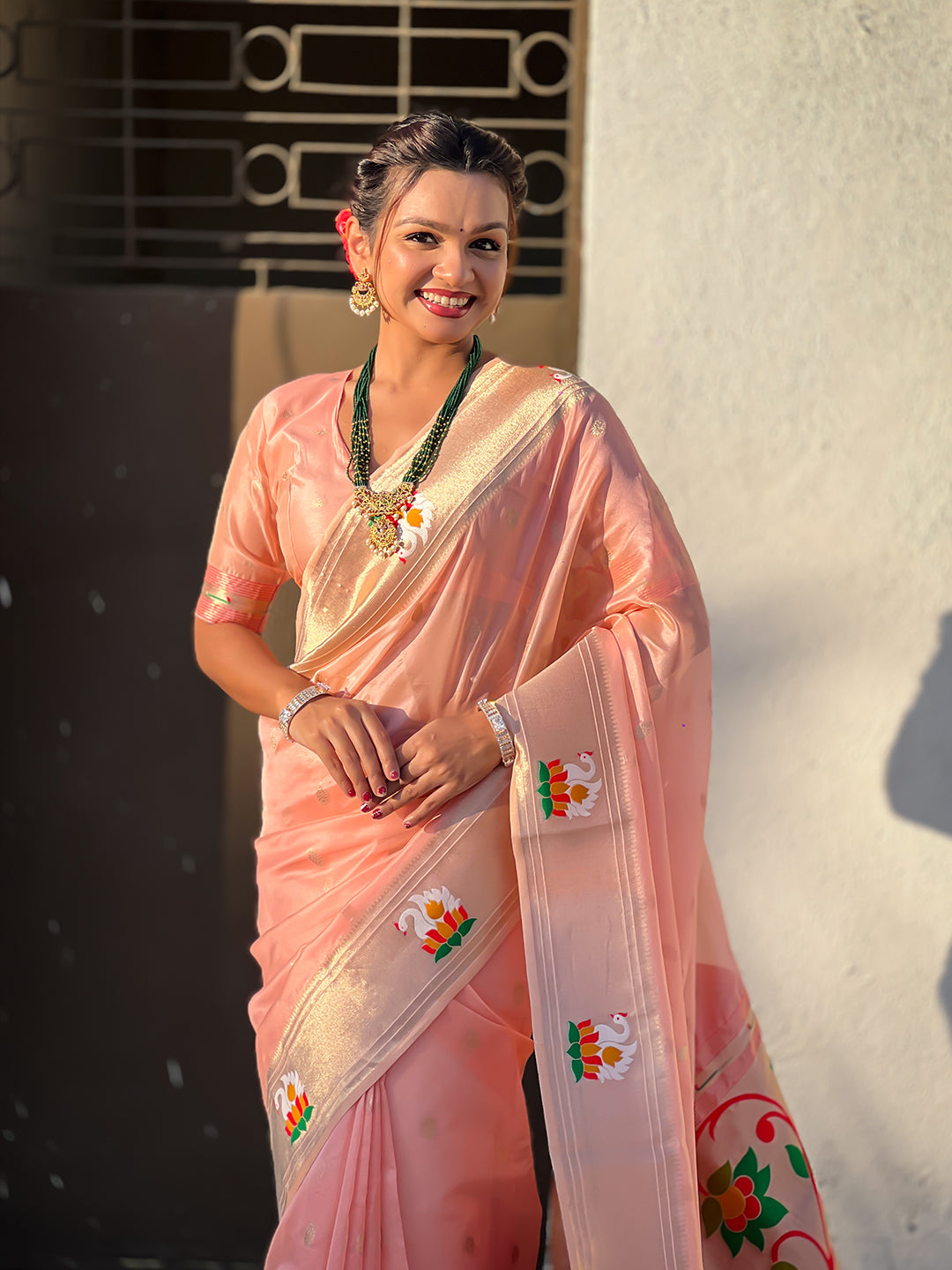 Baby pink organza swan paithani silk zari woven saree