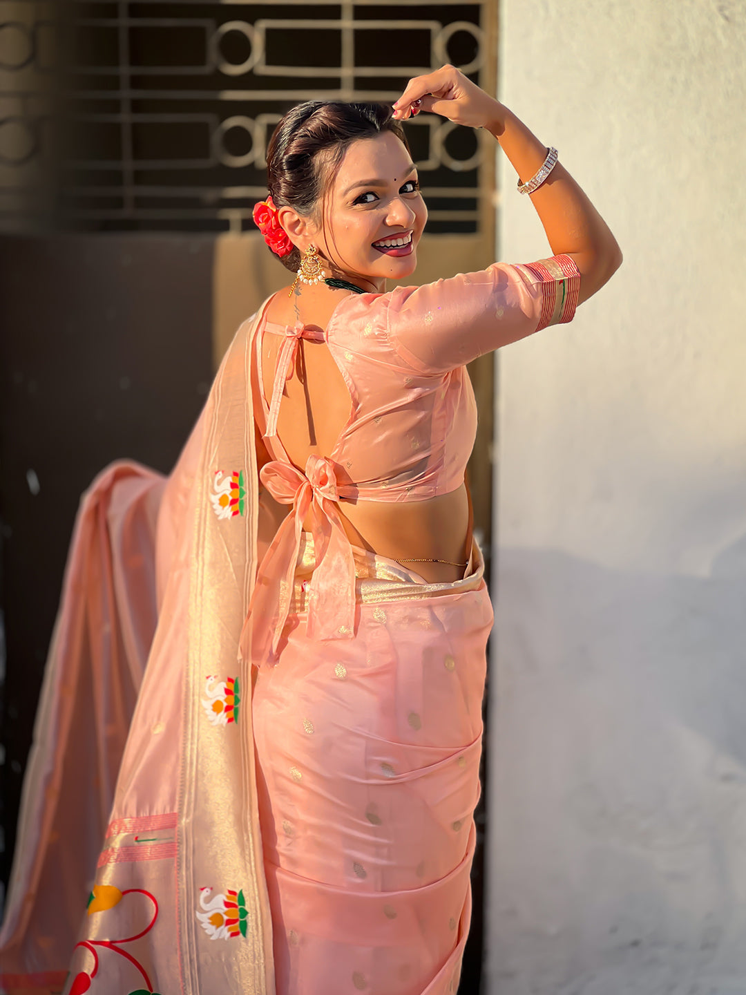Baby pink organza swan paithani silk zari woven saree