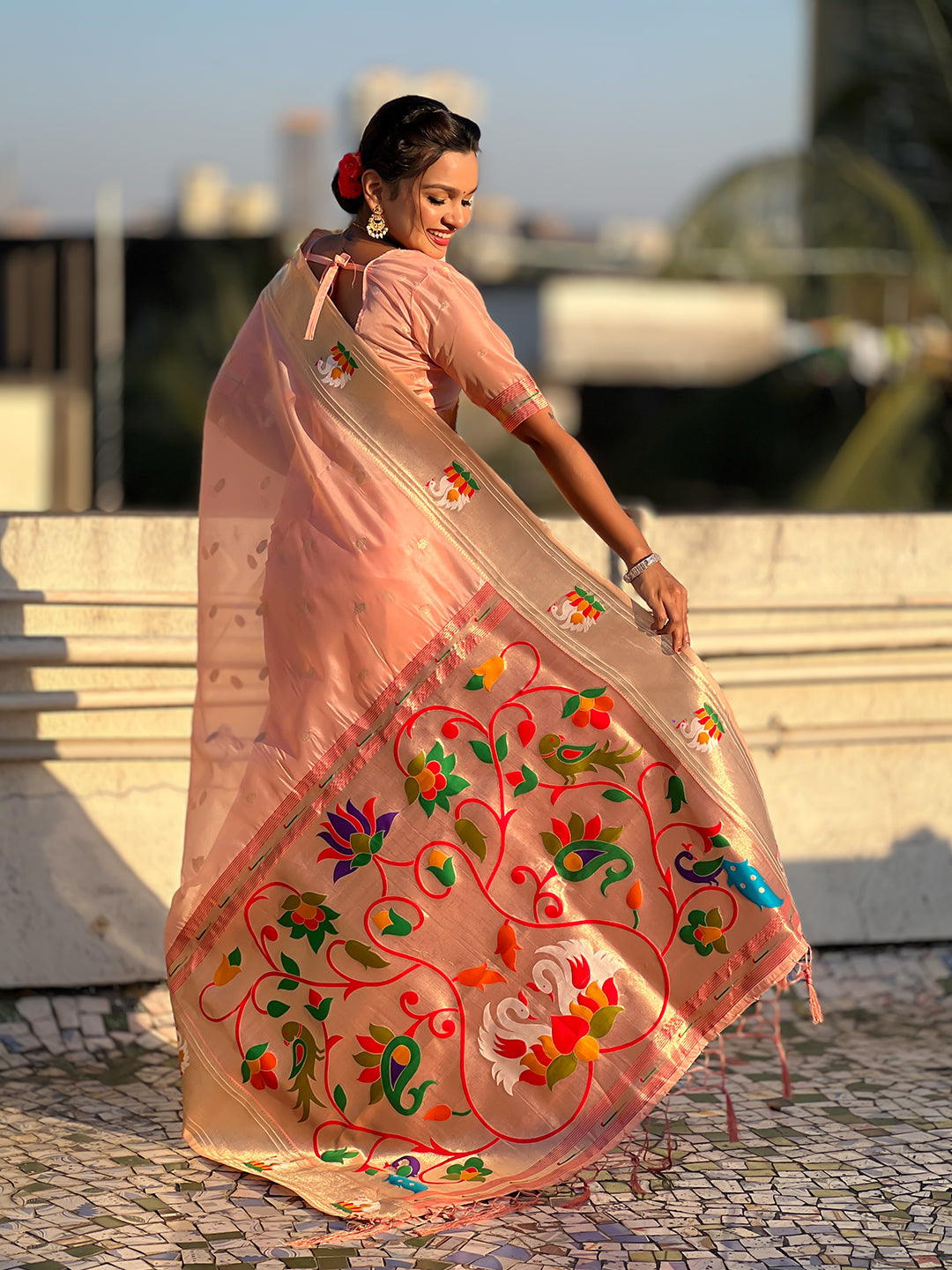 Baby pink organza swan paithani silk zari woven saree