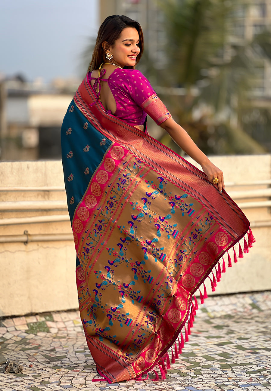 Denim zari woven nath contrast yeola paithani silk saree