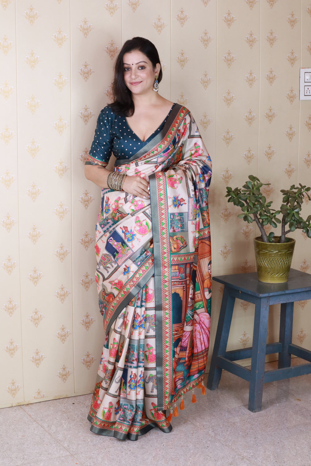 Navy blue tussar silk bold kalamkari figure printed saree with zari woven border