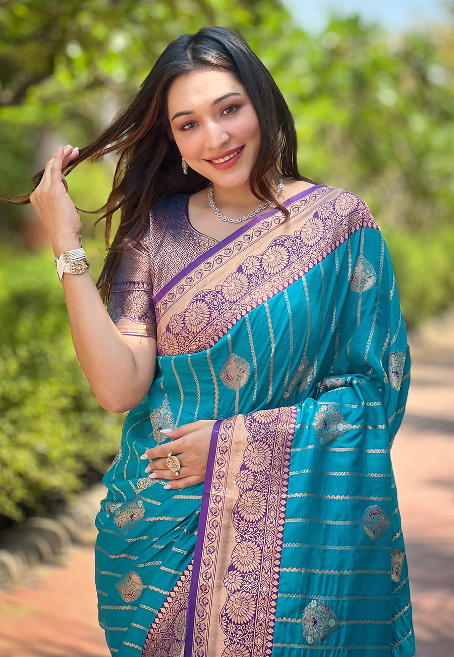 Cyan blue soft silk contrast zari woven saree