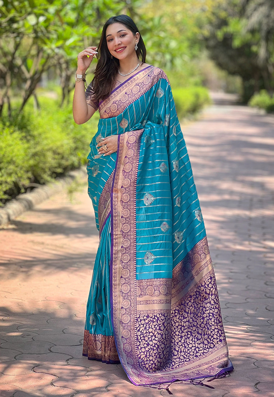 Cyan blue soft silk contrast zari woven saree
