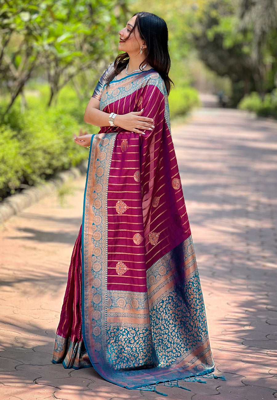 Magenta pink soft silk contrast zari woven saree