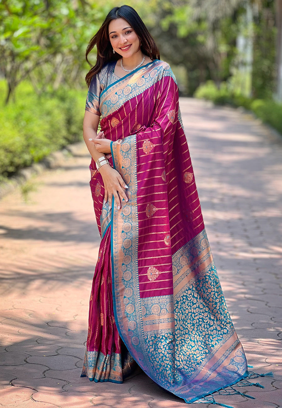 Magenta pink soft silk contrast zari woven saree