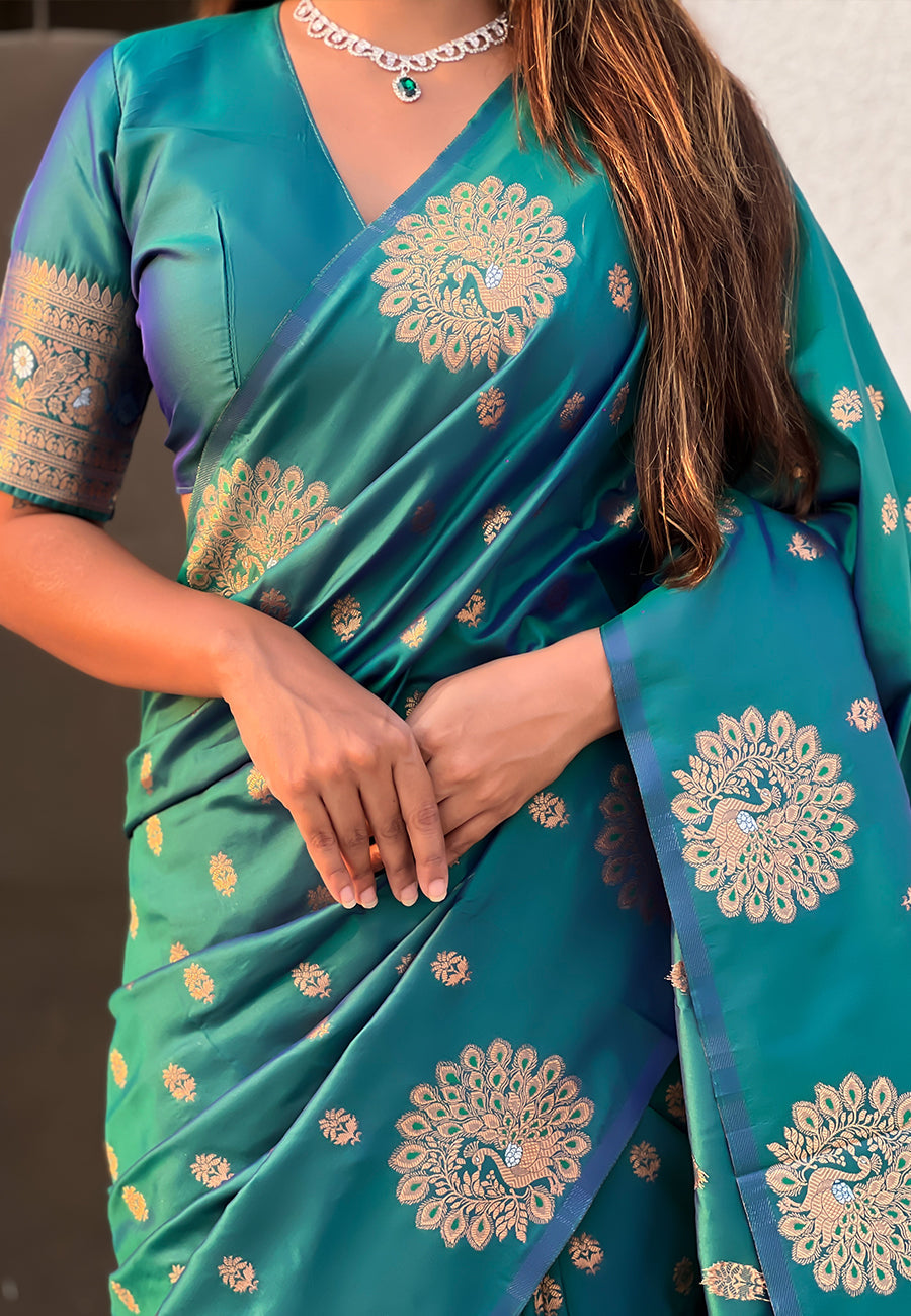 Green soft silk dual zari woven saree with peacock border
