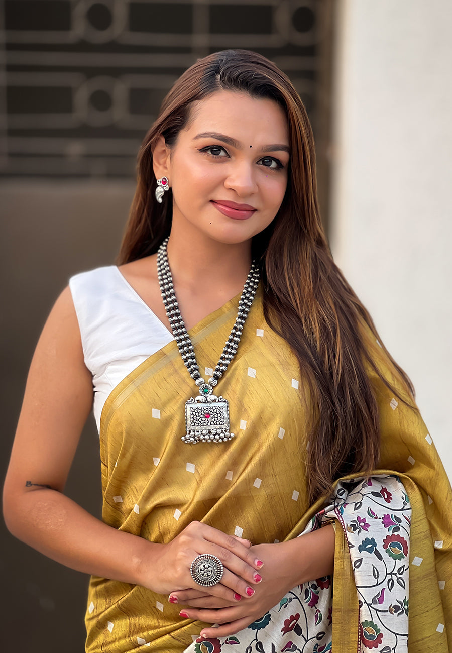 Gold katki silk printed kalamkari saree with zari border