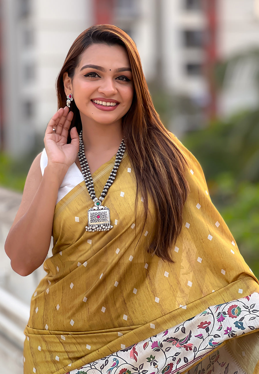 Gold katki silk printed kalamkari saree with zari border