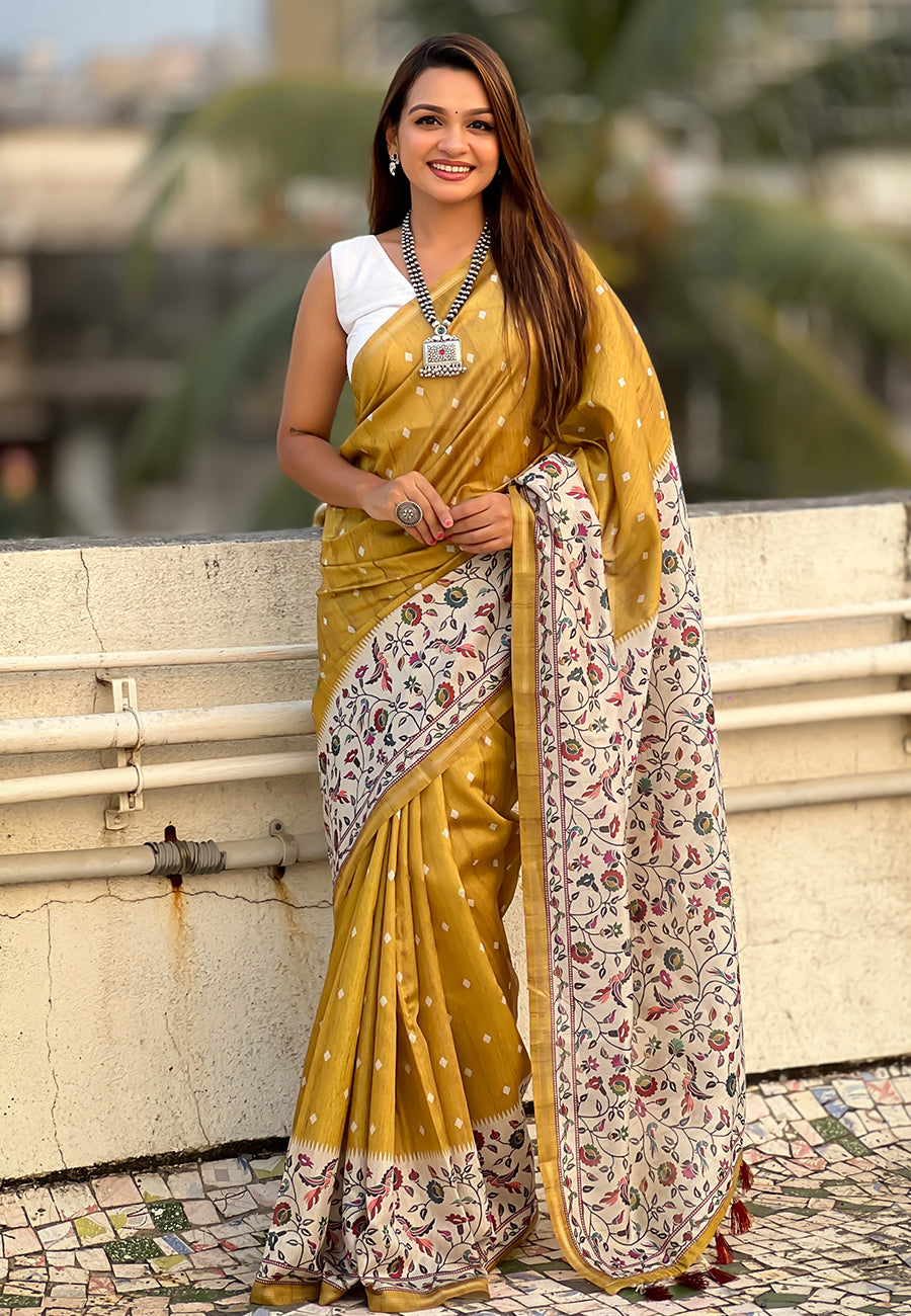 Gold katki silk printed kalamkari saree with zari border