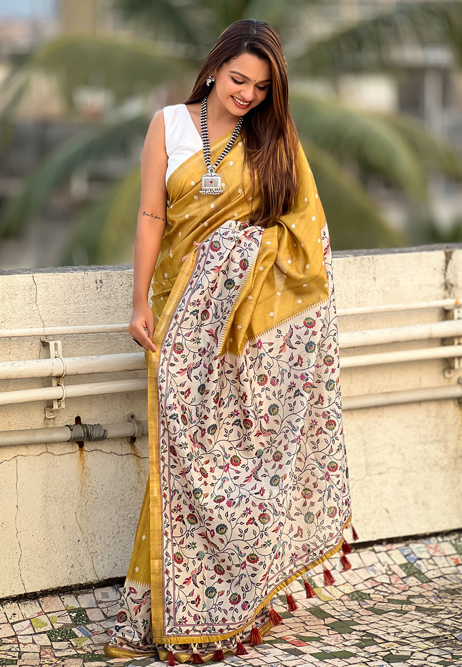 Gold katki silk printed kalamkari saree with zari border