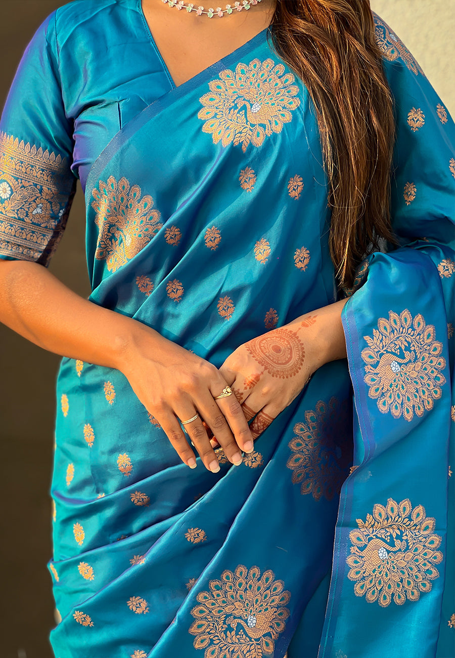 Blue soft silk dual zari woven saree with deer border