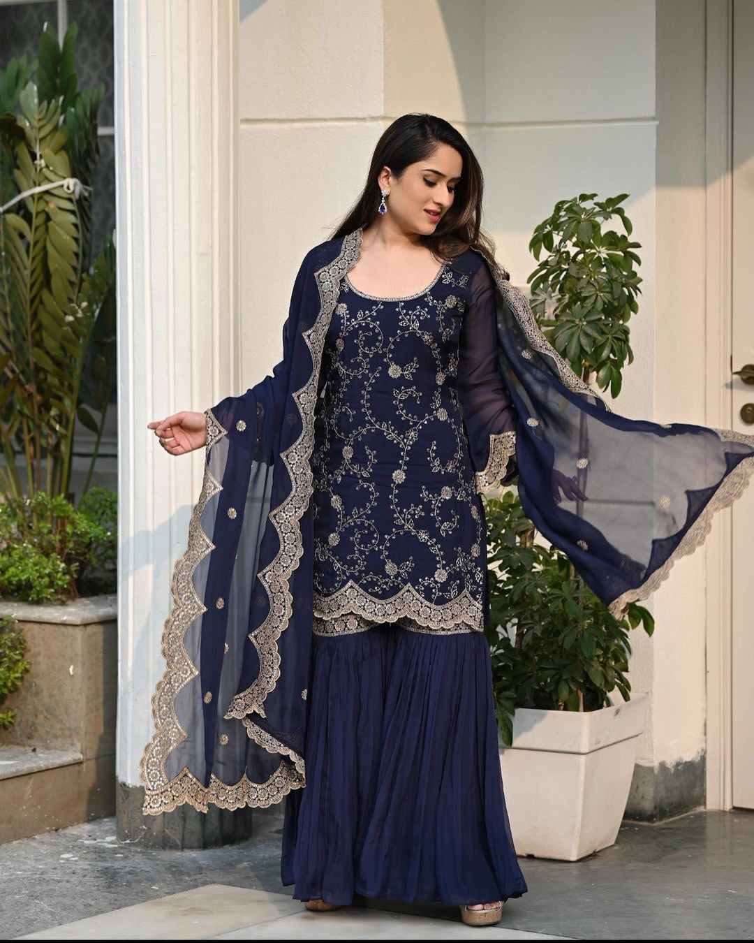 Designer Navy Blue Color Embroidery Sequence Cutwork Sharara Suit