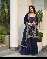Designer Navy Blue Color Embroidery Sequence Cutwork Sharara Suit