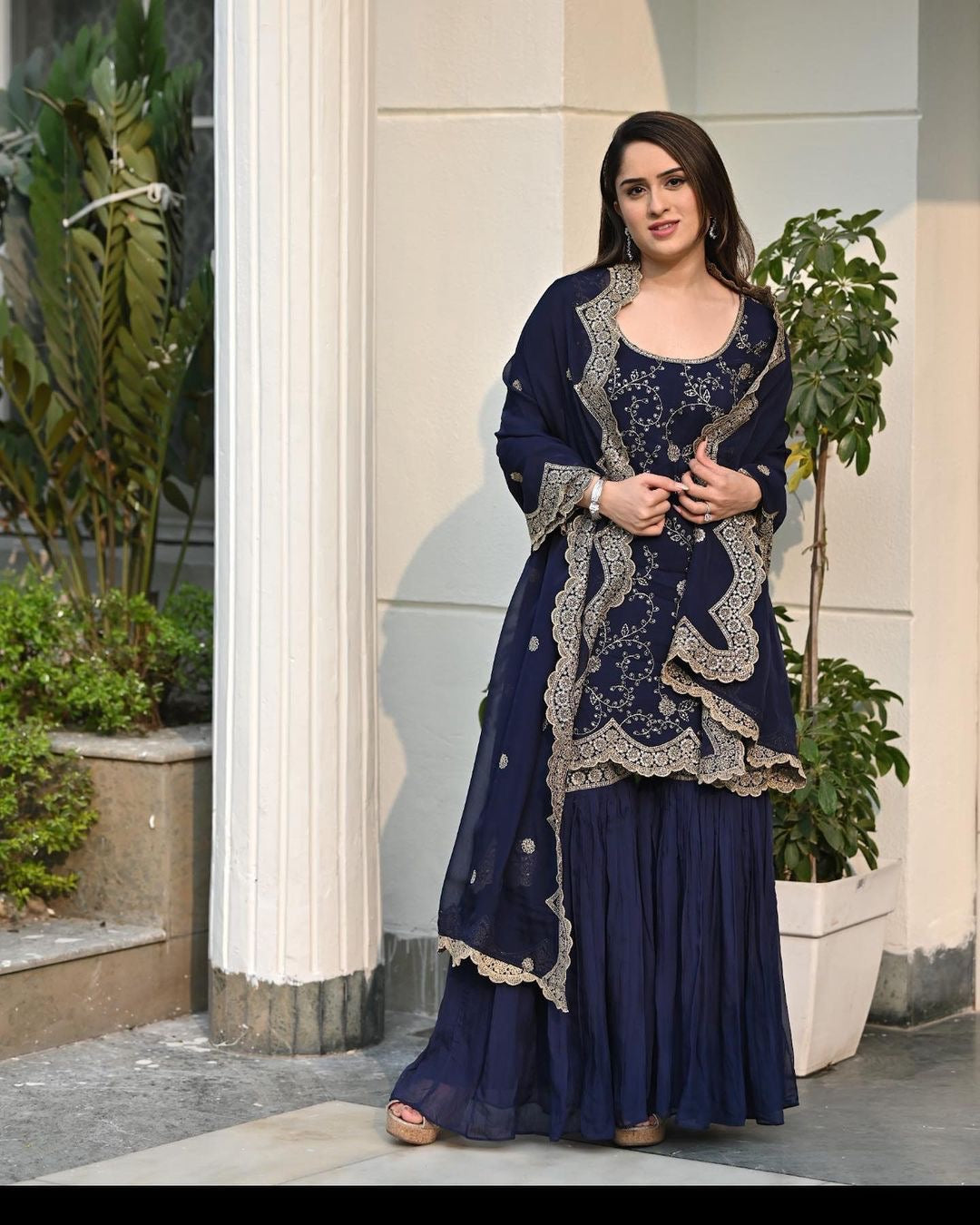 Designer Navy Blue Color Embroidery Sequence Cutwork Sharara Suit
