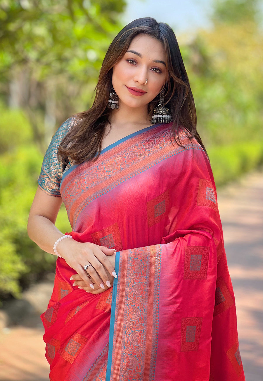 Pink soft silk contrast zari woven saree