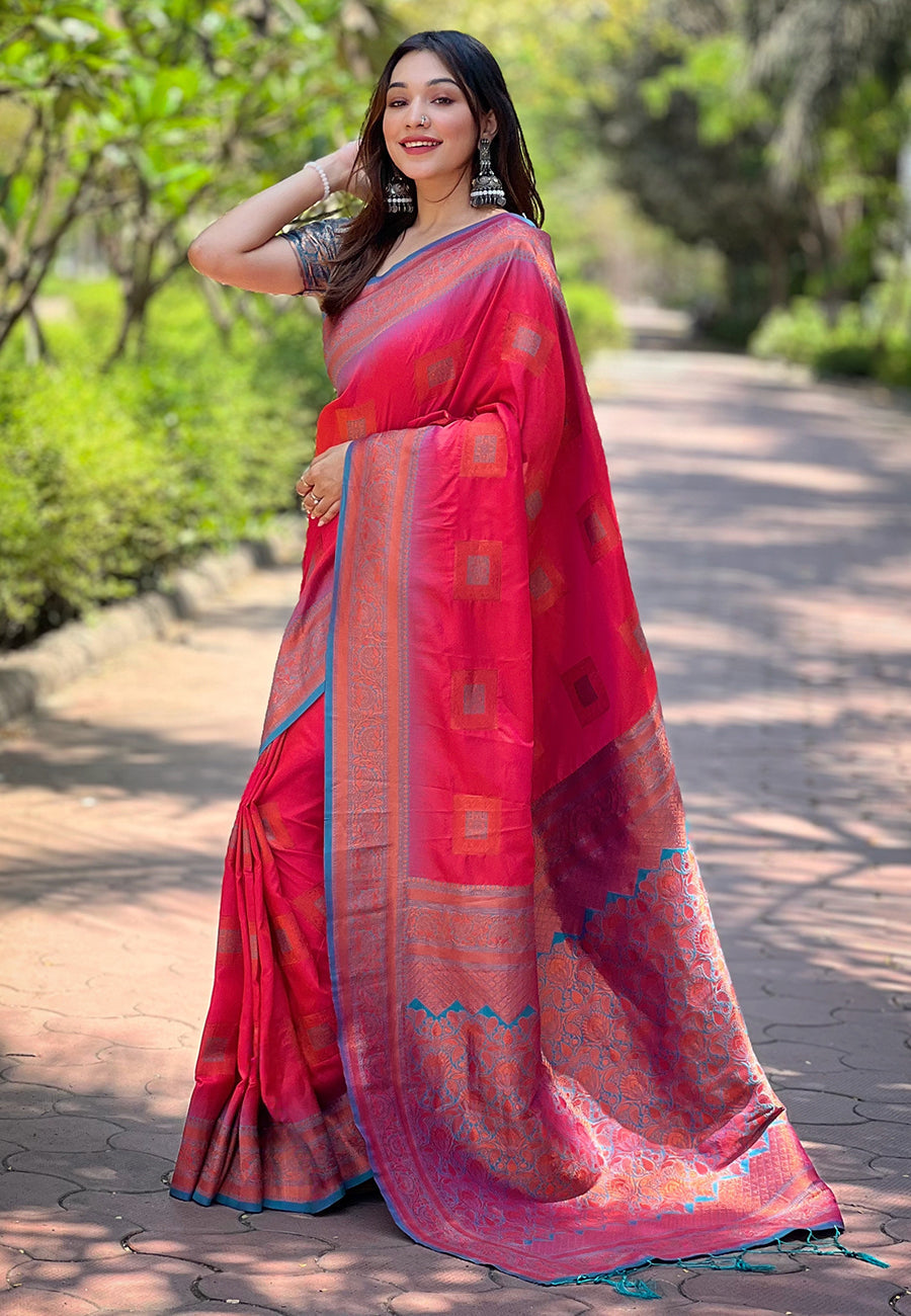 Pink soft silk contrast zari woven saree