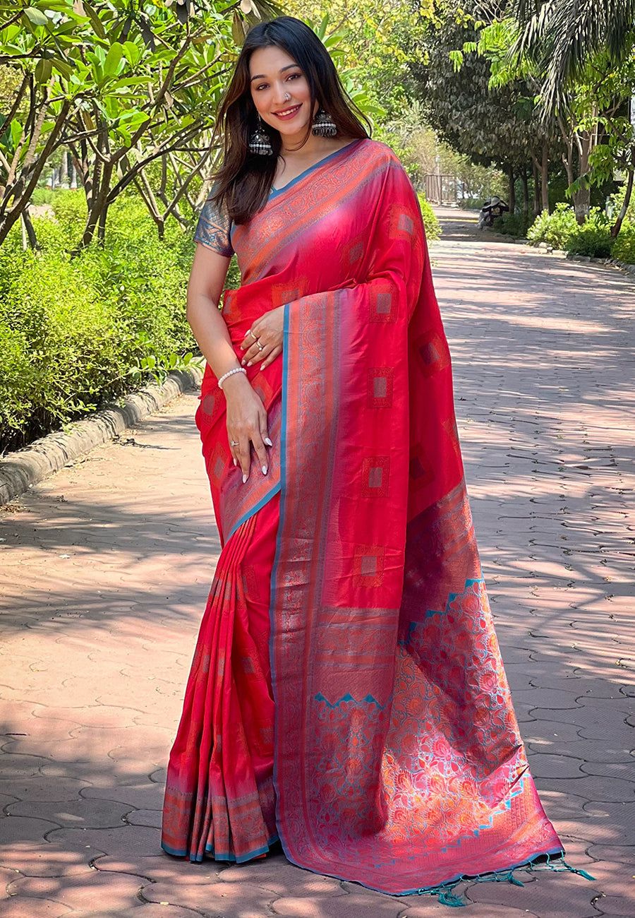Pink soft silk contrast zari woven saree